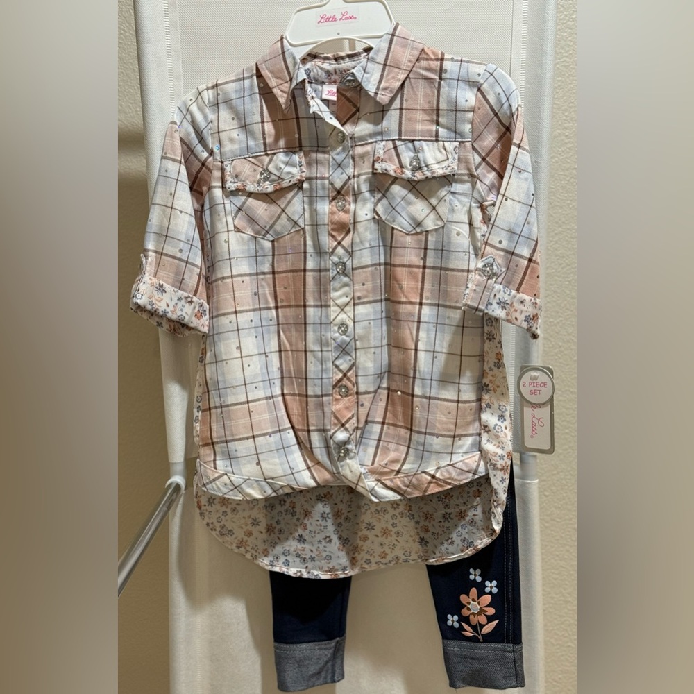 Plaid Kids Shirt/Pant Set with Floral and Sparkle Accents
